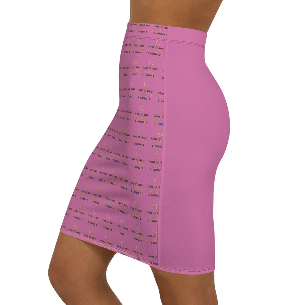 Pink Patterned Pencil Skirt — All-Over Print Mid-Waist Floral Motif