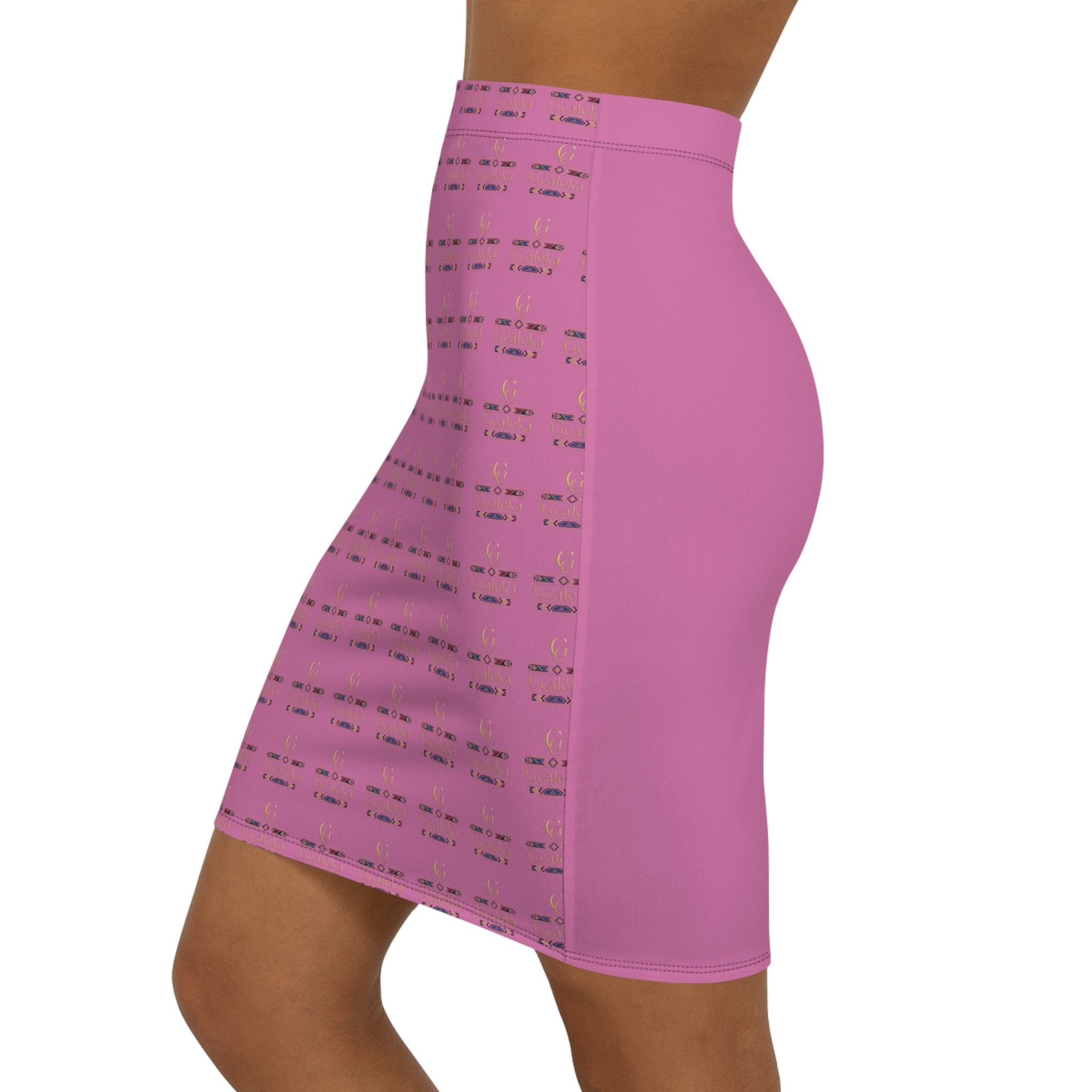 Pink Patterned Pencil Skirt — All-Over Print Mid-Waist Floral Motif