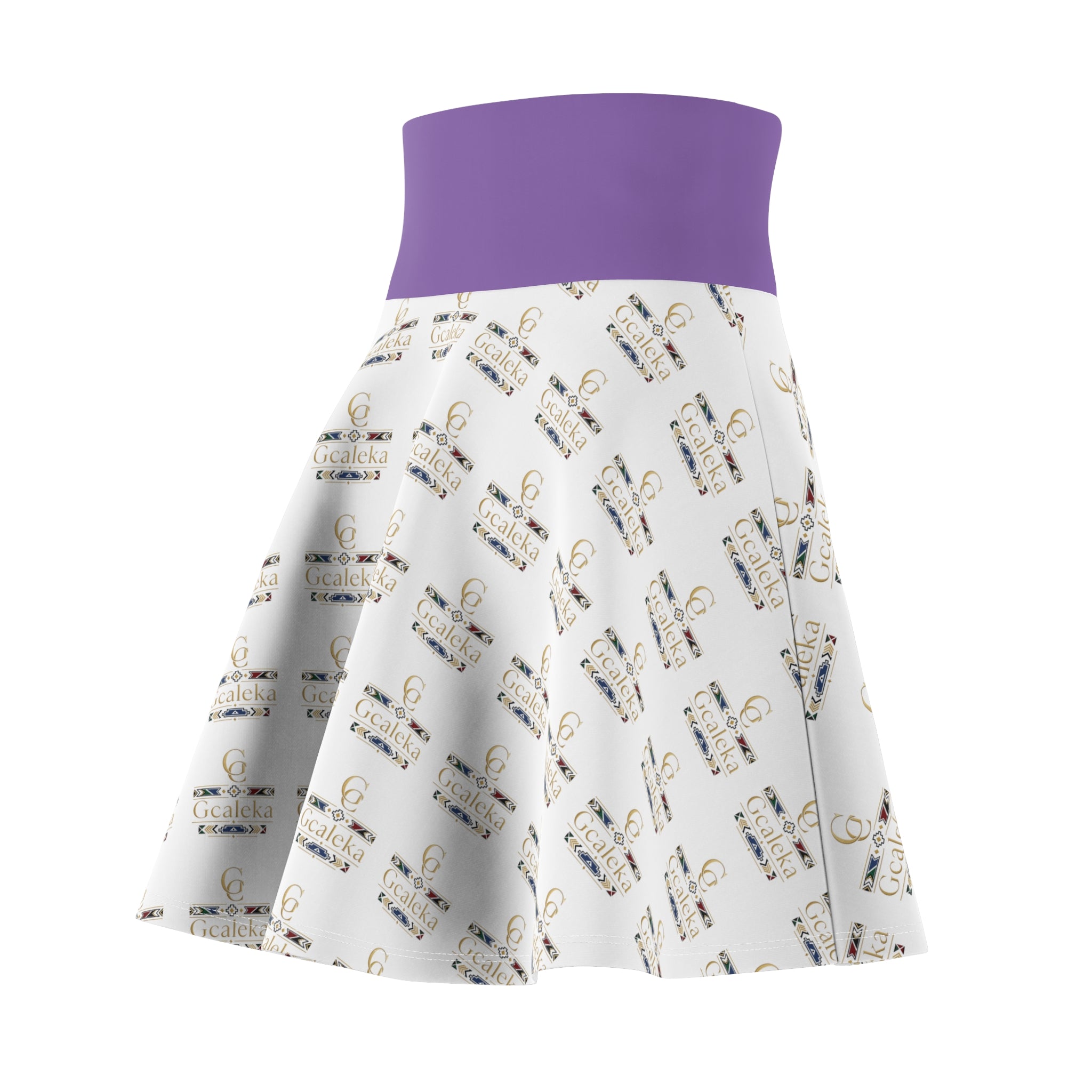 Printed Skater Skirt — Repeating Gold Logo Pattern with Purple Waistband