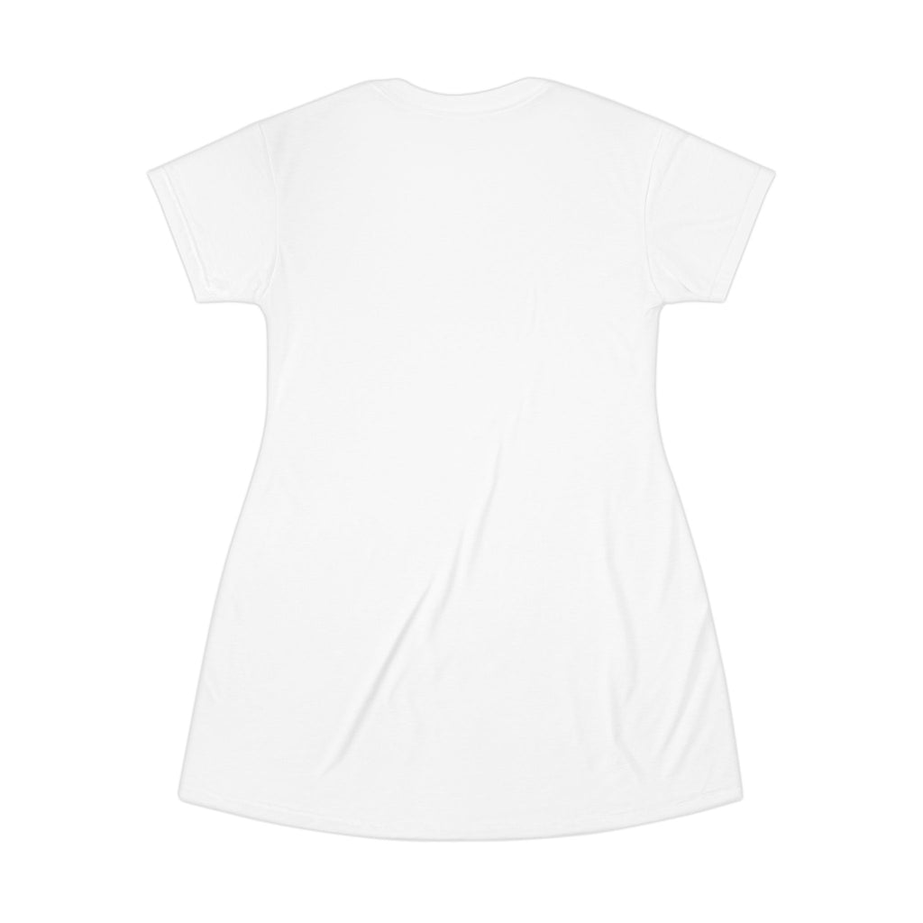 Women’s T-Shirt Dress with Small Gold Script Logo — Chic Casual AOP