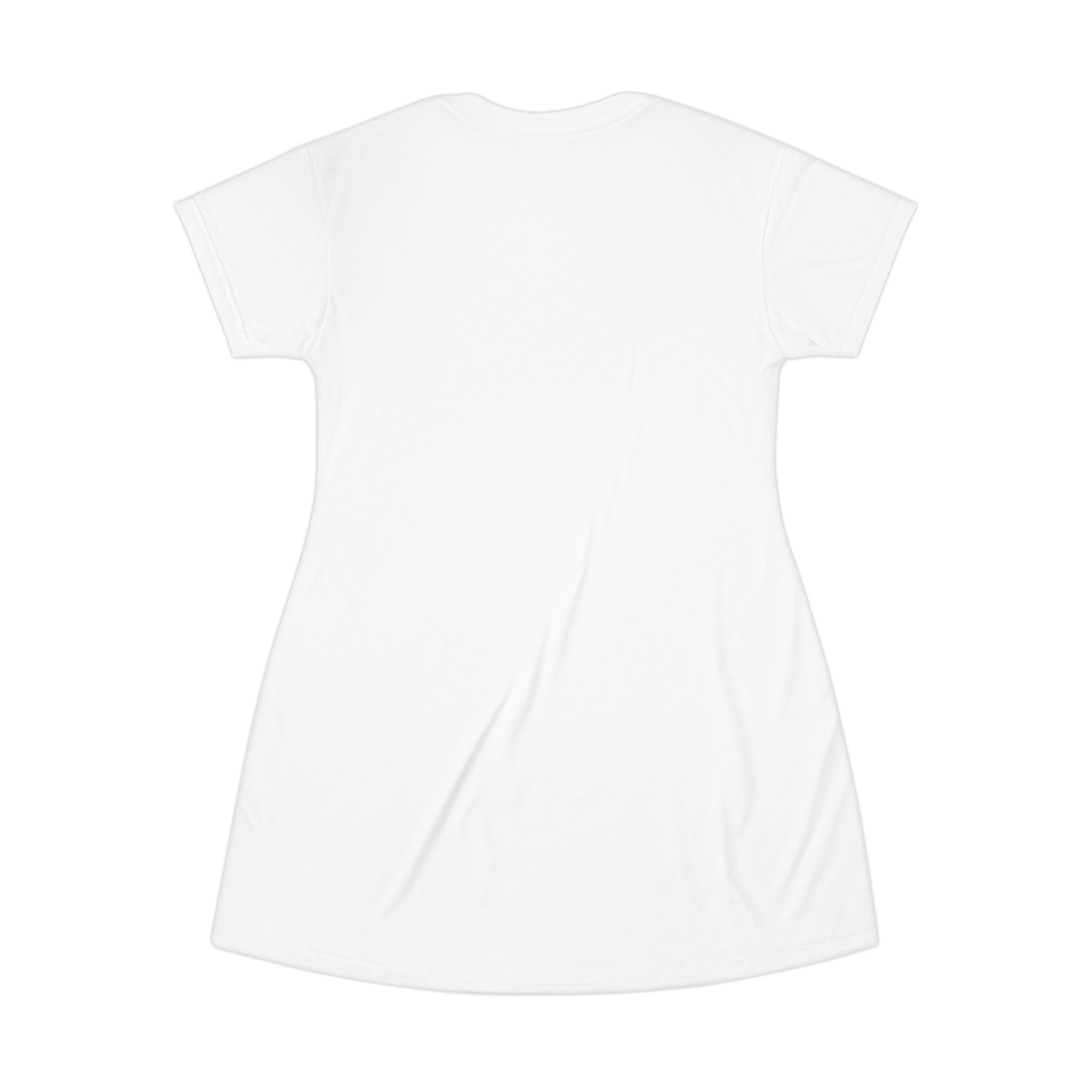 Women’s T-Shirt Dress with Small Gold Script Logo — Chic Casual AOP