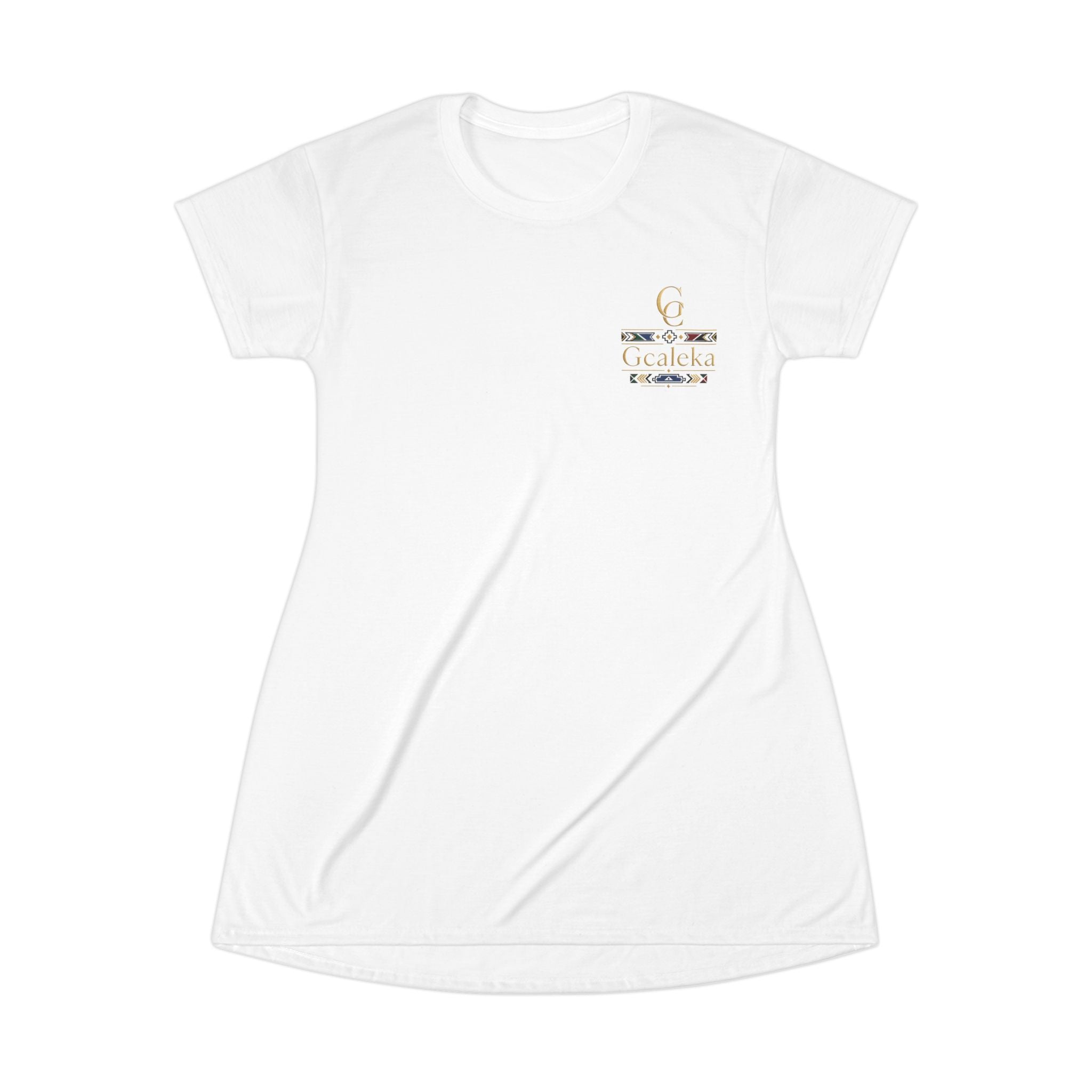 Women’s T-Shirt Dress with Small Gold Script Logo — Chic Casual AOP