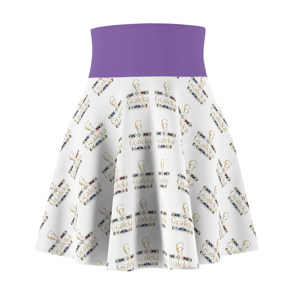 Printed Skater Skirt — Repeating Gold Logo Pattern with Purple Waistband