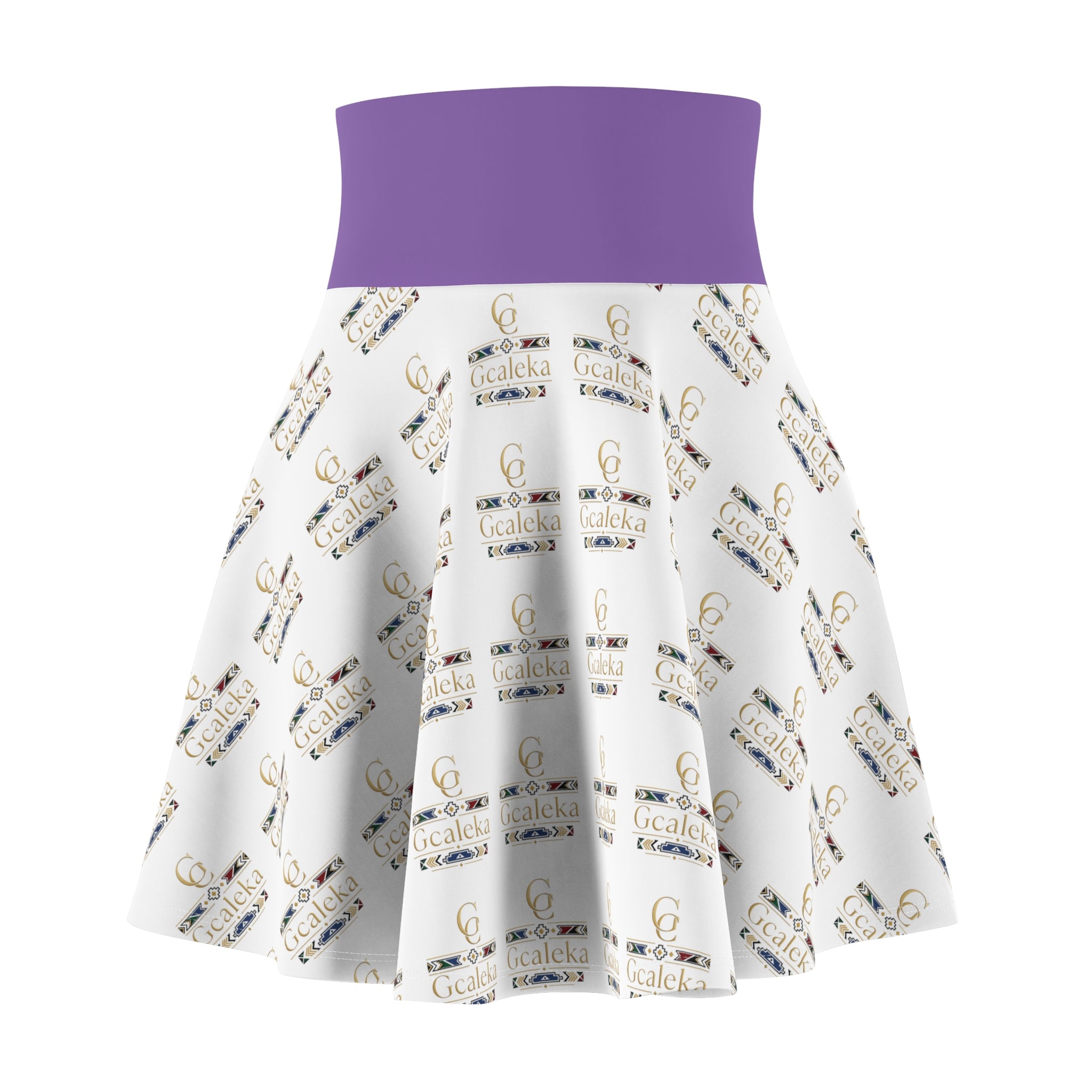 Printed Skater Skirt — Repeating Gold Logo Pattern with Purple Waistband
