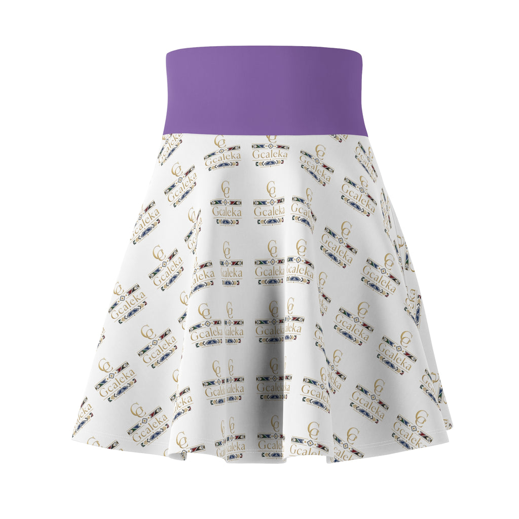 Printed Skater Skirt — Repeating Gold Logo Pattern with Purple Waistband