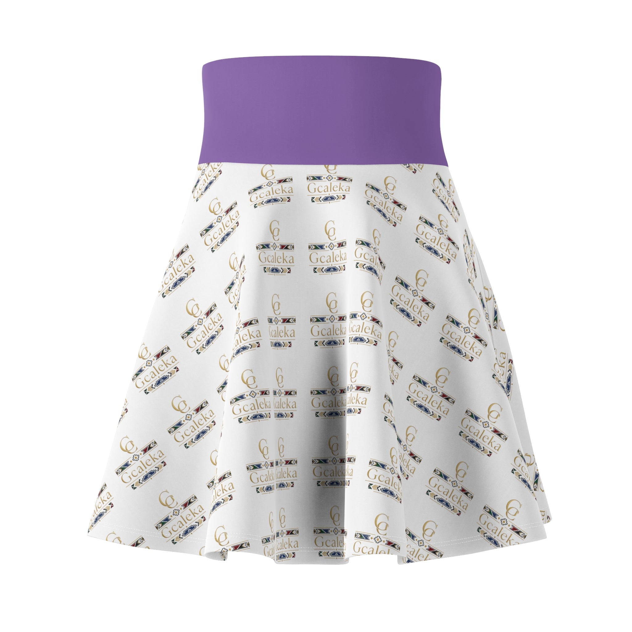 Printed Skater Skirt — Repeating Gold Logo Pattern with Purple Waistband