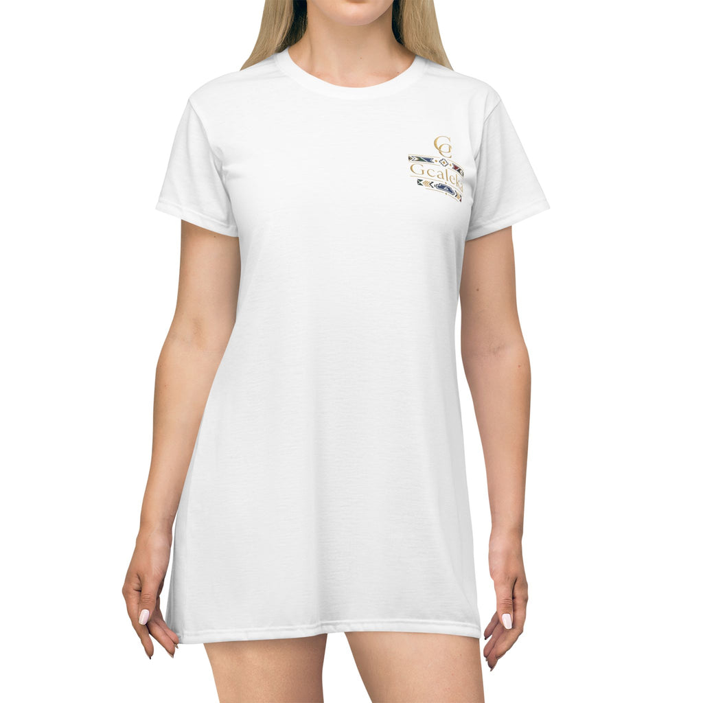 Women’s T-Shirt Dress with Small Gold Script Logo — Chic Casual AOP