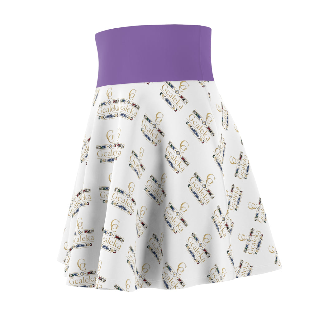 Printed Skater Skirt — Repeating Gold Logo Pattern with Purple Waistband